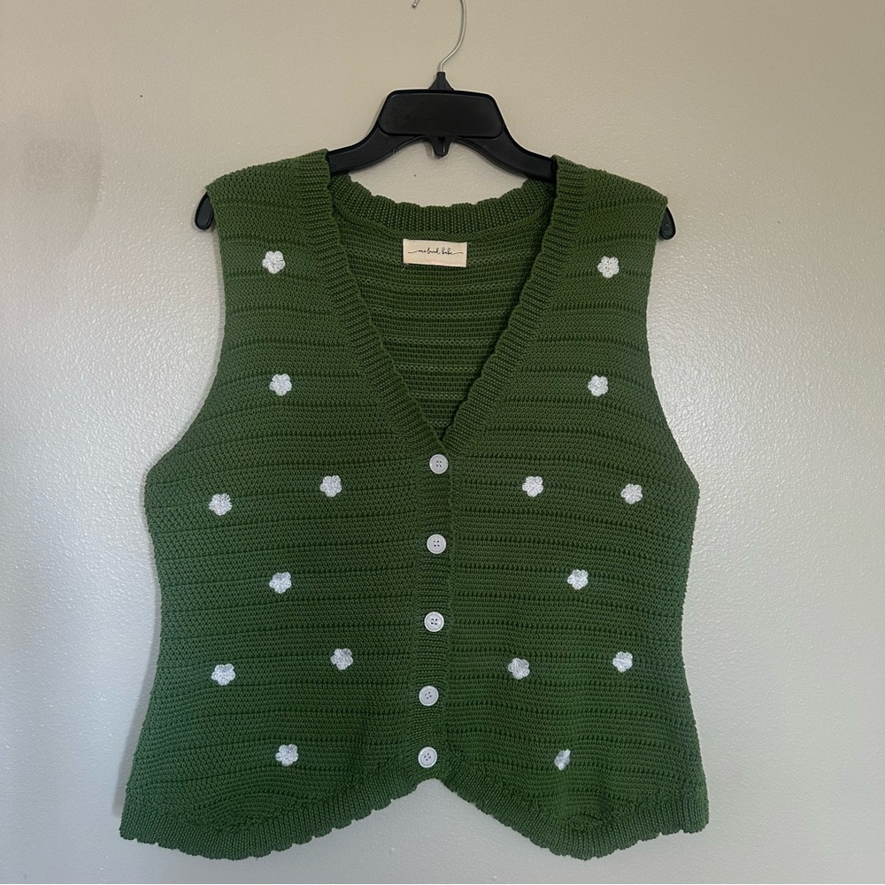 One Loved Babe, green crochet floral vest.  Worn once,cottage core vibes.